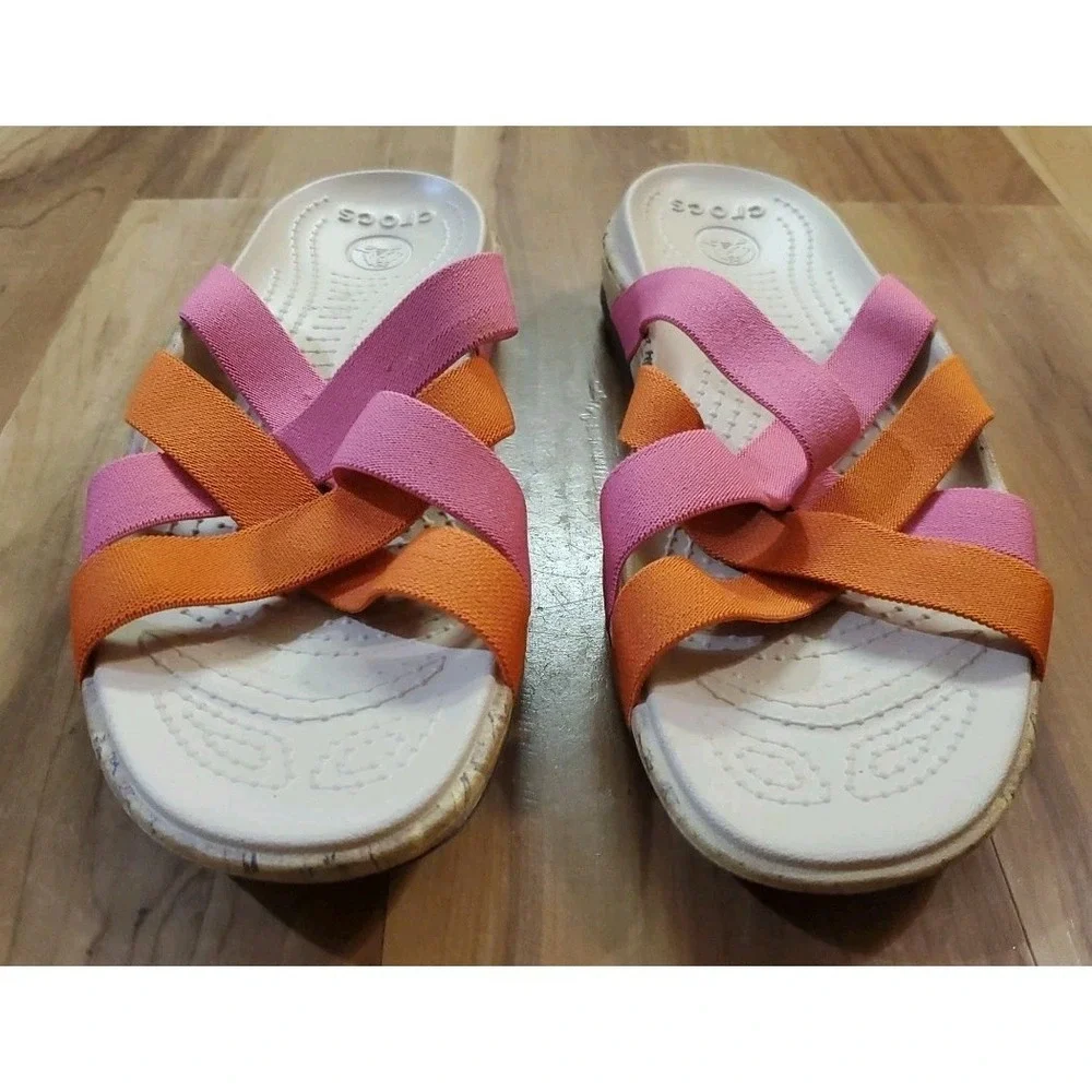 Crocs Edie Stretch Sandals Womens 10 Pink Orange‎ Slides Criss Cross Straps